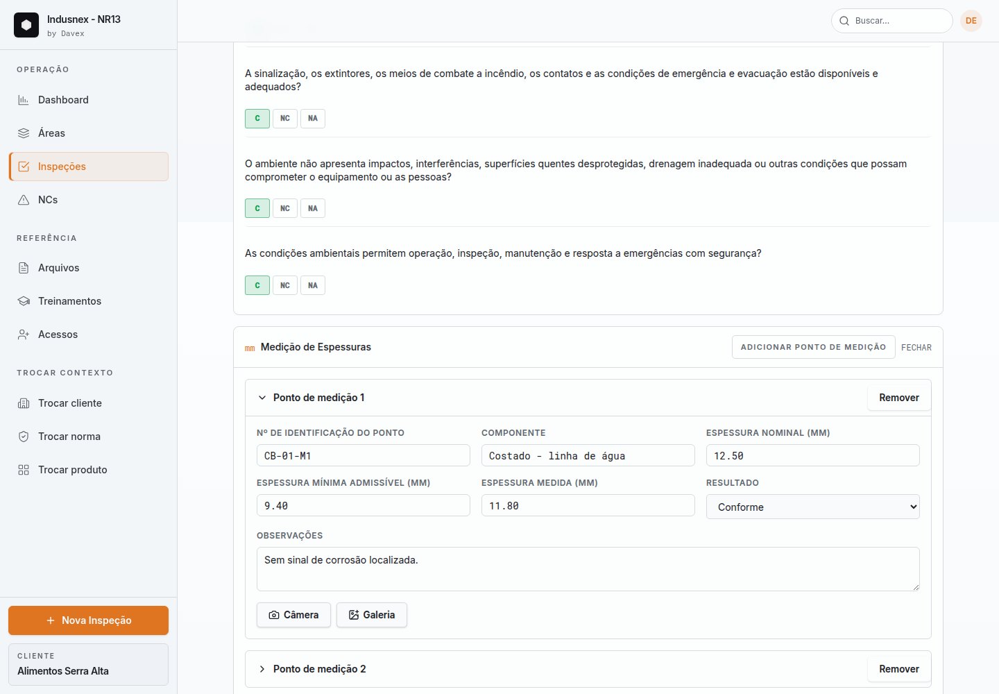 Registro de medição de espessura da NR 13 com espessura nominal, mínima admissível, medida e resultado.